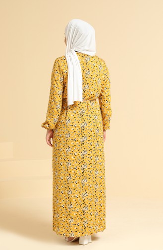 Kolu Lastikli Desenli Elbise 0095A-03 Hardal