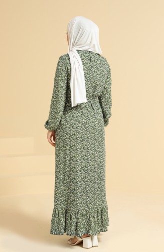 Desenli Kuşaklı Fırfırlı Elbise 0096A-01 Yeşil