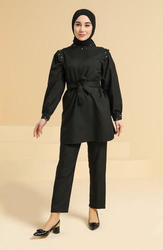 Taş Detaylı Tunik Pantolon İkili Takım 2207-01 Siyah