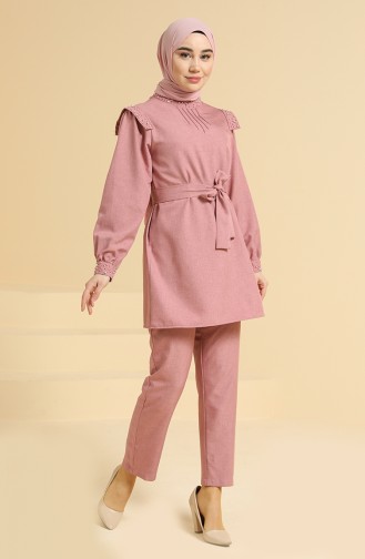 Taş Detaylı Tunik Pantolon İkili Takım 2207-03 Gül Kurusu