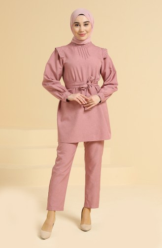 Taş Detaylı Tunik Pantolon İkili Takım 2207-03 Gül Kurusu