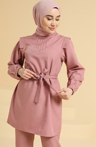 Taş Detaylı Tunik Pantolon İkili Takım 2207-03 Gül Kurusu