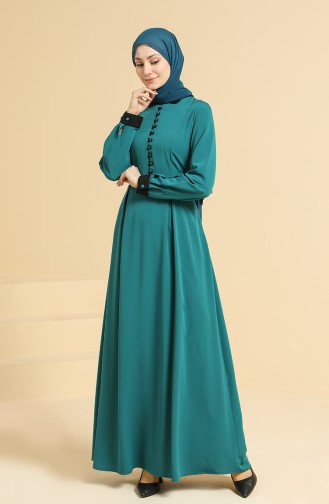 Düğme Detaylı Elbise 2560-01 Zümrüt Yeşili