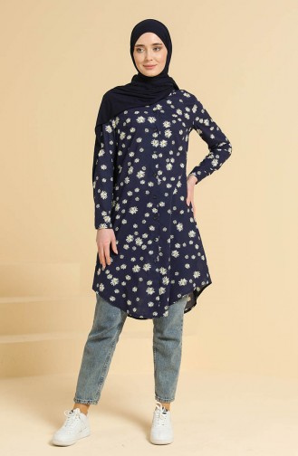 Düğmeli Desenli Tunik 4330-01 Lacivert