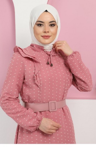 Fırfırlı Kemerli Elbise 10041 Pudra