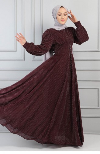 Buttoned Silvery Evening Dress 13200 Claret Red 13200.Bordo