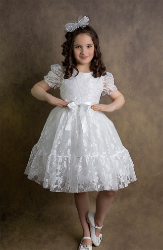 Balon Kollu Dantel Kız Çocuk Elbise MSTPPTDT-03 Beyaz