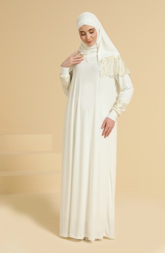 Oyya Guipure Shawl Detailed One-piece Prayer Dress 238416A-01 Ecru 238416A-01