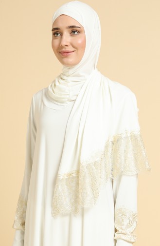 Oyya Guipure Shawl Detailed One-piece Prayer Dress 238416A-01 Ecru 238416A-01