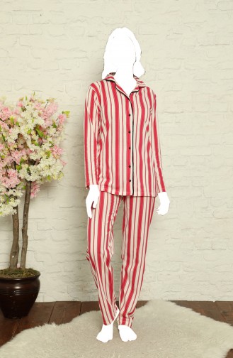 Kadın Düğmeli Çizgili Pijama Takımı Tampap 1163 1163-02 Fuşya