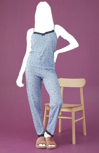 Kadın İp Askılı Desenli Pijama Takımı Tampap 3501 3501-02 Mavi