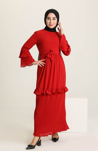 Kuşaklı Şifon Elbise 0869-02 Kırmızı
