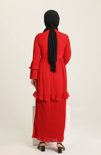 Kuşaklı Şifon Elbise 0869-02 Kırmızı