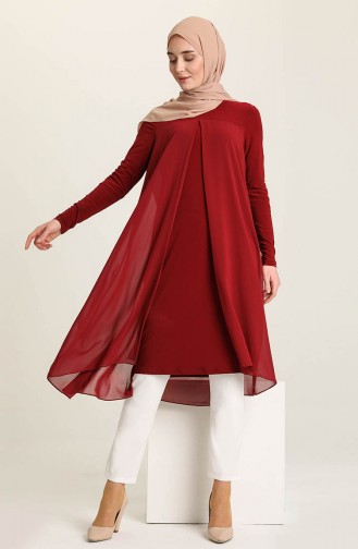 Asymmetrisches Tunika mit Chiffon Detail 1016-01 Weinrot 1016-01