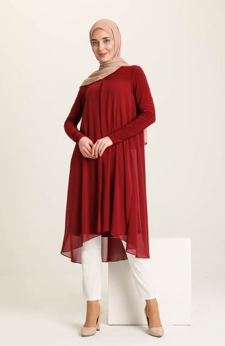 Asymmetrisches Tunika mit Chiffon Detail 1016-01 Weinrot 1016-01