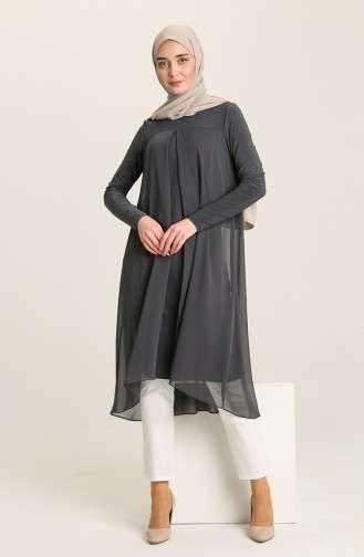 Asymmetrisches Tunika mit Chiffon Detail 1016-03 Rauchgrau 1016-03