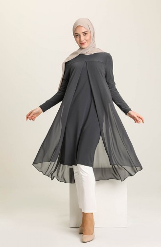 Asymmetrisches Tunika mit Chiffon Detail 1016-03 Rauchgrau 1016-03