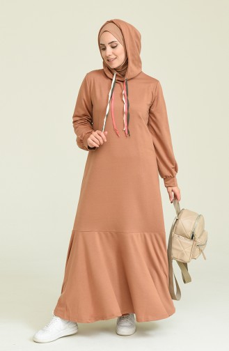 Kapüşonlu Büzgülü Elbise 6005-01 Kahverengi