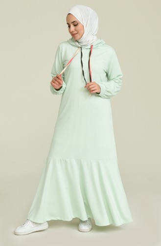Kapüşonlu Büzgülü Elbise 6005-03 Mint Yeşili