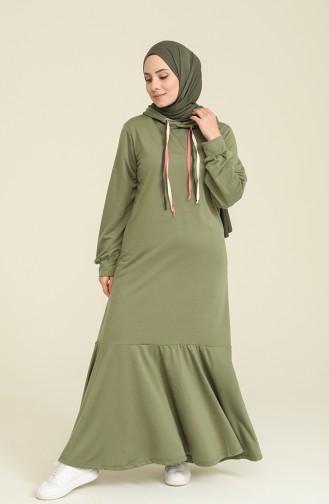 Kapüşonlu Büzgülü Elbise 6005-02 Çağla Yeşili