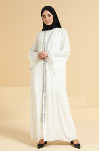 Taş Baskılı Abaya 5657-01 Beyaz