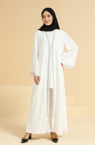 Taş Baskılı Abaya 5657-01 Beyaz