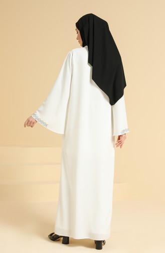 Taş Baskılı Abaya 5657-01 Beyaz