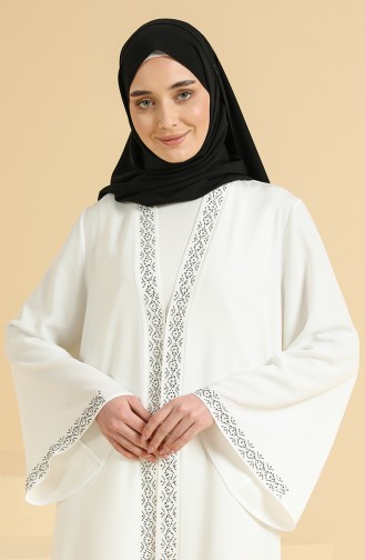 Taş Baskılı Abaya 5657-01 Beyaz