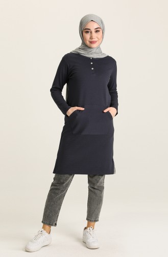 Düğmeli Yaka Basic Kanguru Cepli Tunik-03 Lacivert