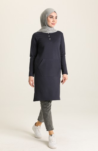 Düğmeli Yaka Basic Kanguru Cepli Tunik-03 Lacivert