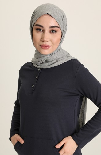 Düğmeli Yaka Basic Kanguru Cepli Tunik-03 Lacivert