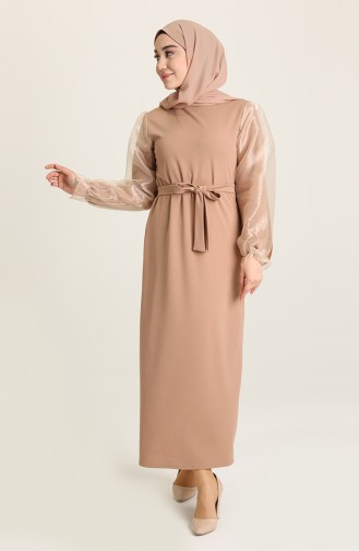 Kolu Organze Tül Kuşakli Elbise 8003-05 Camel