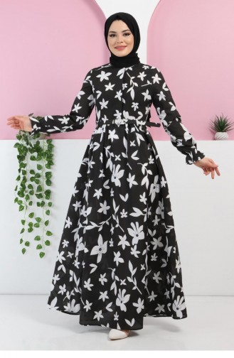 Kemerli Çiçekli Elbise 10433 Siyah