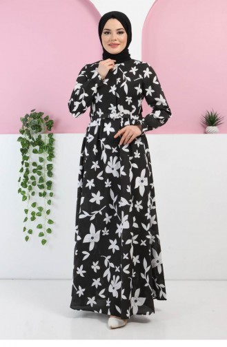 Kemerli Çiçekli Elbise 10433 Siyah