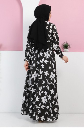 Kemerli Çiçekli Elbise 10433 Siyah