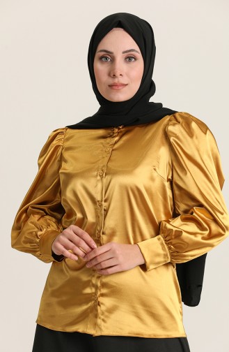 Düğmeli Saten Gömlek 1027-02 Hardal
