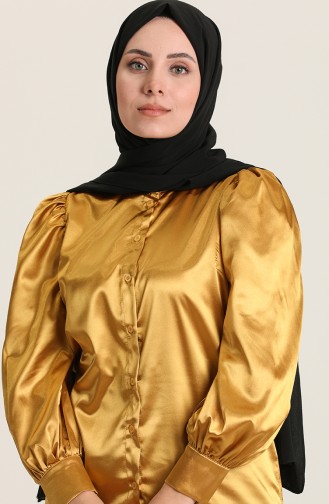 Düğmeli Saten Gömlek 1027-02 Hardal