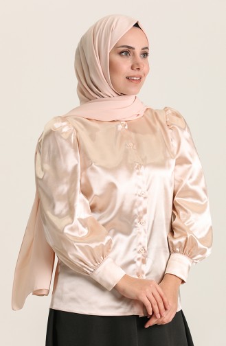 Düğmeli Saten Gömlek 1027-03 Bej