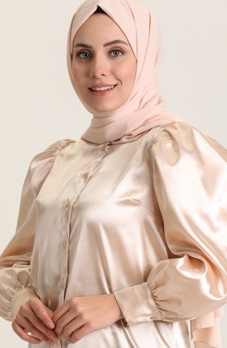 Düğmeli Saten Gömlek 1027-03 Bej