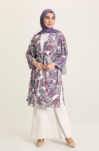 Kuşak Kemerli Desenli Kimono 10459A-02 Lila