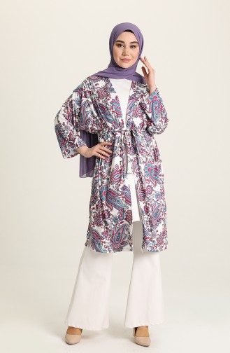 Kuşak Kemerli Desenli Kimono 10459A-02 Lila