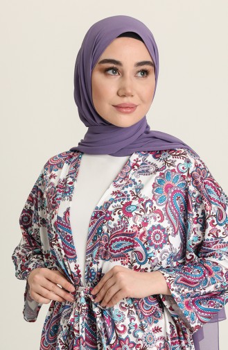 Kuşak Kemerli Desenli Kimono 10459A-02 Lila