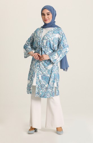 Kuşak Kemerli Desenli Kimono 10459A-03 Mavi
