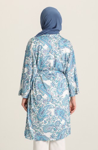 Kuşak Kemerli Desenli Kimono 10459A-03 Mavi