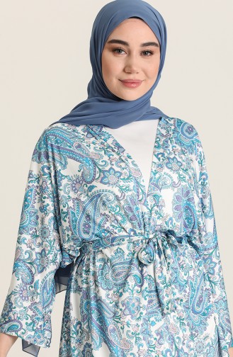 Kuşak Kemerli Desenli Kimono 10459A-03 Mavi