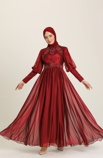 Claret Red Hijab Evening Dress 52822-02
