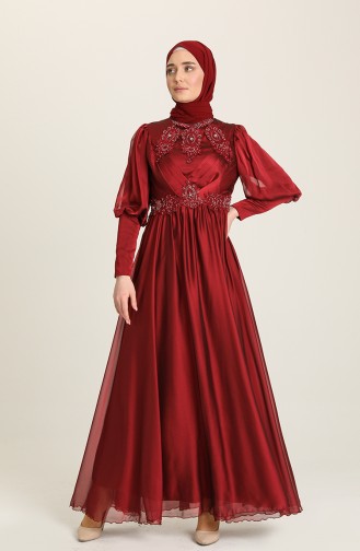 Claret Red Hijab Evening Dress 52822-02