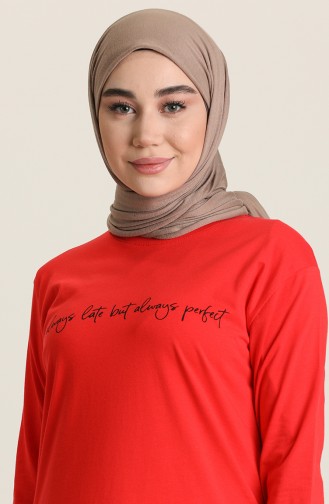 Yazı Desenli Spor Tunik 55601A-07 Kırmızı