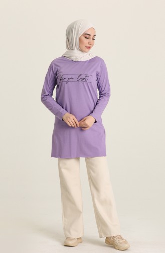 Yazı Desenli Spor Tunik 55601B-03 Lila