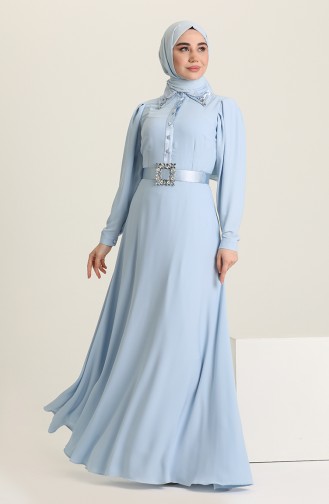Boncuk İşlemeli Kemerli Abiye Elbise 61738-01 Mavi
